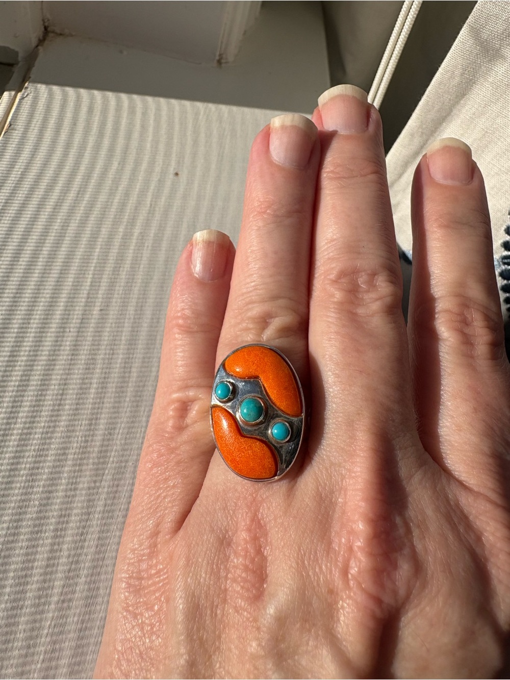 Jay King Sterling Silver & Orange Coral and Turquoise Oval Ring. Size 7 - Picture 15 of 15